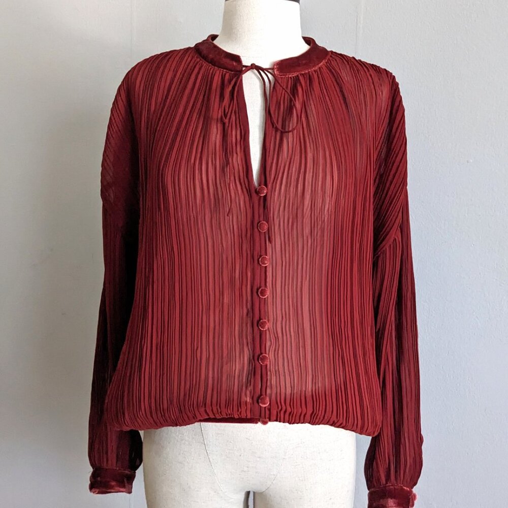 Free People Burnt Orange Sheer Crinkle Chiffon & Velvet Tie Poet Blouse sz S
